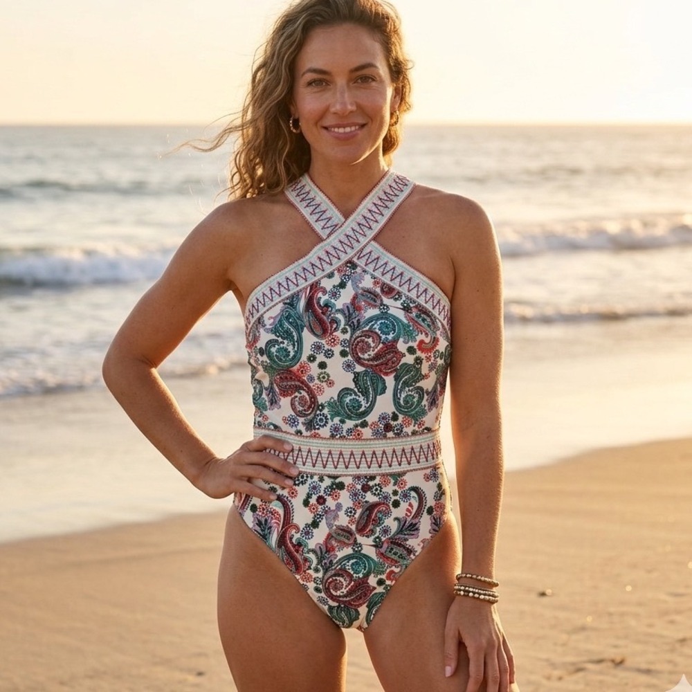 Boho Paisley Embroidered High Neck One Piece Swimsuit Size M
